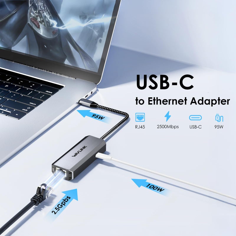 WAVLINK USB C to Ethernet Adapter 2.5 Gbps, USB to 2.5G Ethernet Adapter with 95W Power for Laptop, USB-C to RJ45 Network Converter (Thunderbolt 4/3 Compatible) for Windows, Mac OS, iPad OS and More - Image 2