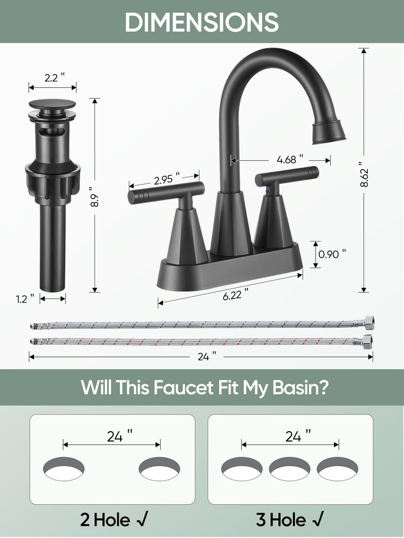 Cobbe Bathroom Faucets for Sink 3 Hole, 4 Inch with Pop Up Drain and 2 Supply Hoses, 2 Handle Centerset Bathroom Faucet for Sink Vanity, Midnight Black Matte - Image 4