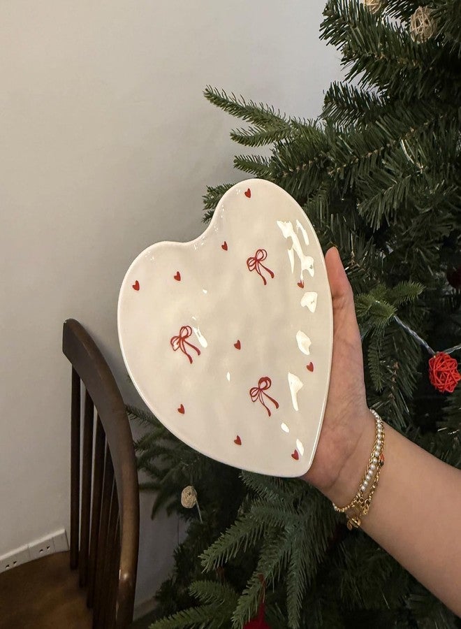 Koythin Jewelry Tray, Ceramic Jewelry Dish Trinket Tray Organizer, Heart Love Shape Aesthetic Decorative for Kitchen, Bathroom, Gifts for Valentine's Day (Double Line Bow Tie)
