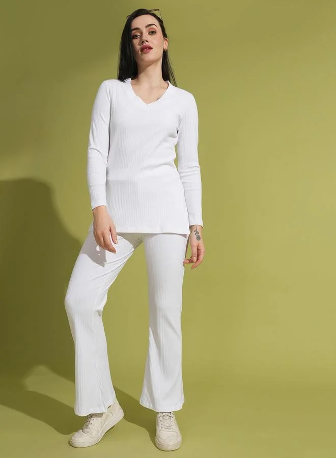 جلو باص Globus  V-Neck Ribbed Long Sleeves Side Slit Top and Trouser Co-Ords