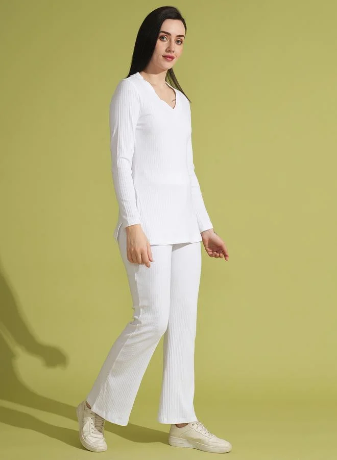 جلو باص Globus  V-Neck Ribbed Long Sleeves Side Slit Top and Trouser Co-Ords