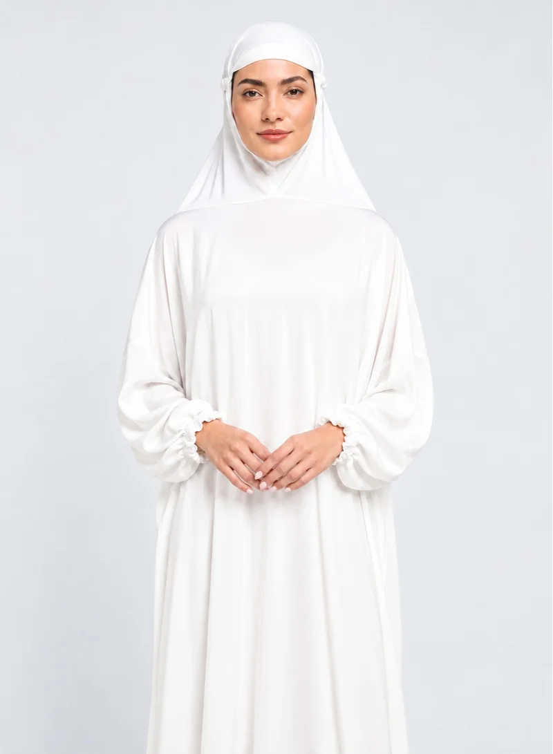 Neuness Women's Full-Length Prayer Abaya with Integrated Hijab, Harir Maqsood Fabric, White