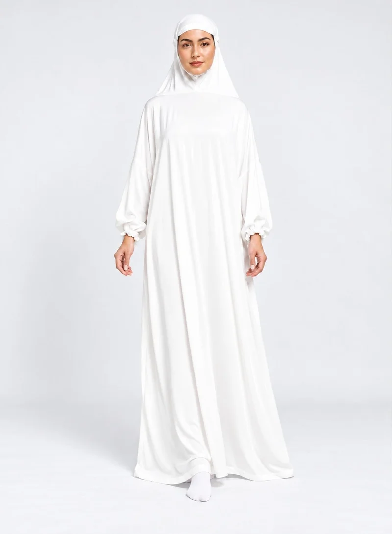 Neuness Women's Full-Length Prayer Abaya with Integrated Hijab, Harir Maqsood Fabric, White