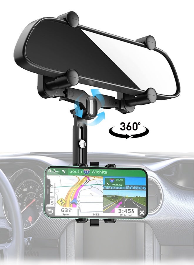 GD Universal Car Rearview Mirror Phone Holder Mount - 360° Rotatable & Retractable Anti-Shake Car Phone Mount Smartphone Cradle, Adjustable Car Mount Stand Anti-Shake Navigation Bracket for iPhone & Android - Image 1