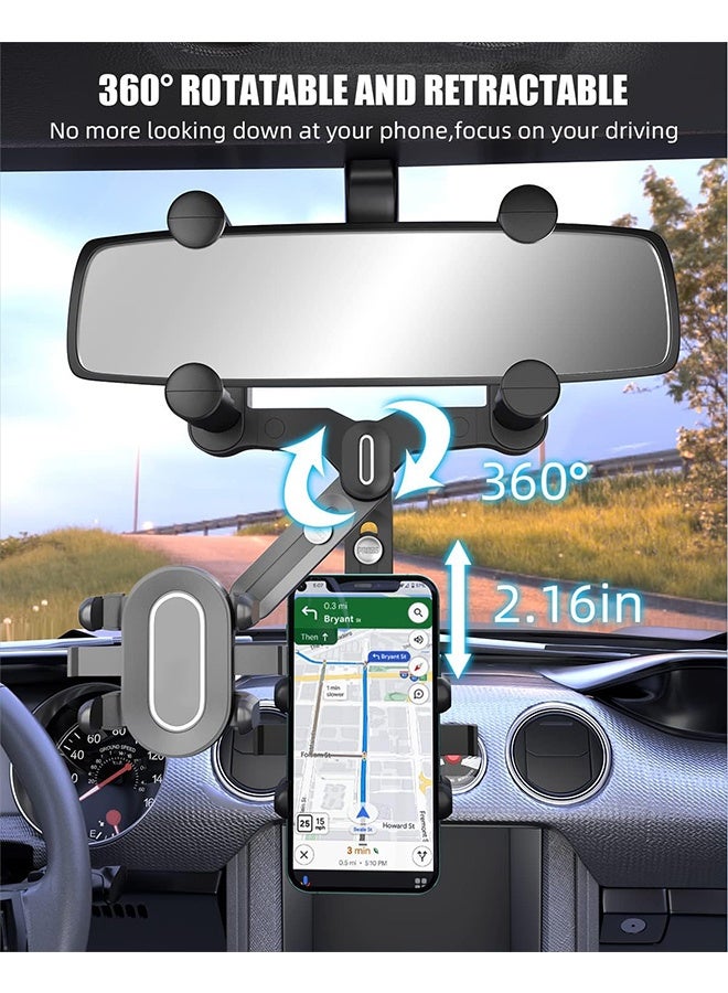 GD Universal Car Rearview Mirror Phone Holder Mount - 360° Rotatable & Retractable Anti-Shake Car Phone Mount Smartphone Cradle, Adjustable Car Mount Stand Anti-Shake Navigation Bracket for iPhone & Android - Image 3
