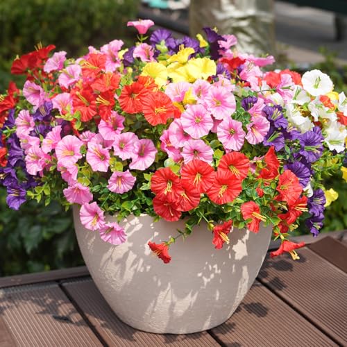 maxkes Artificial Flowers for Outdoors, UV Resistant Fake Silk Morning Glory, Realistic Faux Plants for Outside Porch Patio Window Box Hanging Planter (12, Purple White Yellow Pink Red) - Image 5