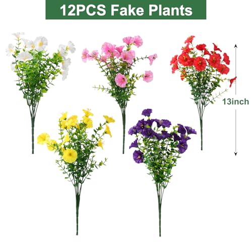 maxkes Artificial Flowers for Outdoors, UV Resistant Fake Silk Morning Glory, Realistic Faux Plants for Outside Porch Patio Window Box Hanging Planter (12, Purple White Yellow Pink Red) - Image 4