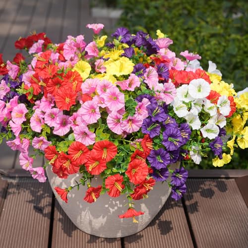 maxkes Artificial Flowers for Outdoors, UV Resistant Fake Silk Morning Glory, Realistic Faux Plants for Outside Porch Patio Window Box Hanging Planter (12, Purple White Yellow Pink Red) - Image 2