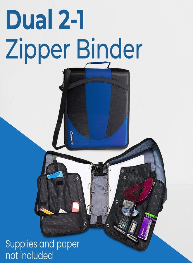 Case it Case-it The Dual 2-in-1 Zipper Binder | Two 1.5-Inch D-Rings, 600 Sheet Capacity, Pencil Pouch & Multiple Pockets | School & Office Organizer with Shoulder Strap | Dual-101 Midnight Blue - Image 4