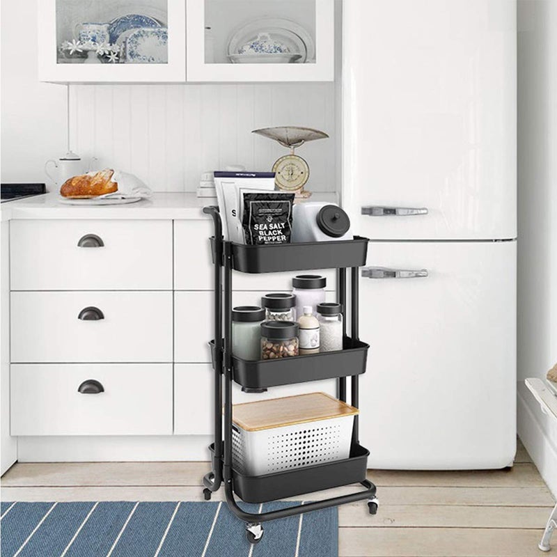 EMNDR 3-Tier Kitchen Storage Trolley Rack with Caster Wheels Rolling Cart Metal Utility Space Saving Home Storage Organizer Racks and Self with Wheel(Black) - Image 1