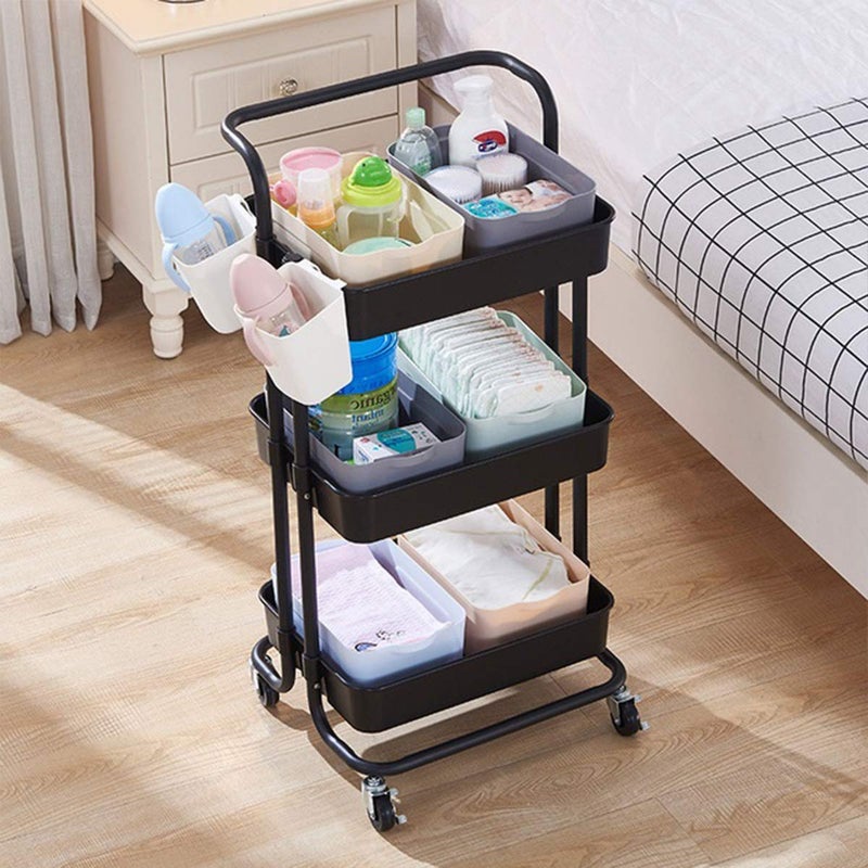 EMNDR 3-Tier Kitchen Storage Trolley Rack with Caster Wheels Rolling Cart Metal Utility Space Saving Home Storage Organizer Racks and Self with Wheel(Black) - Image 3