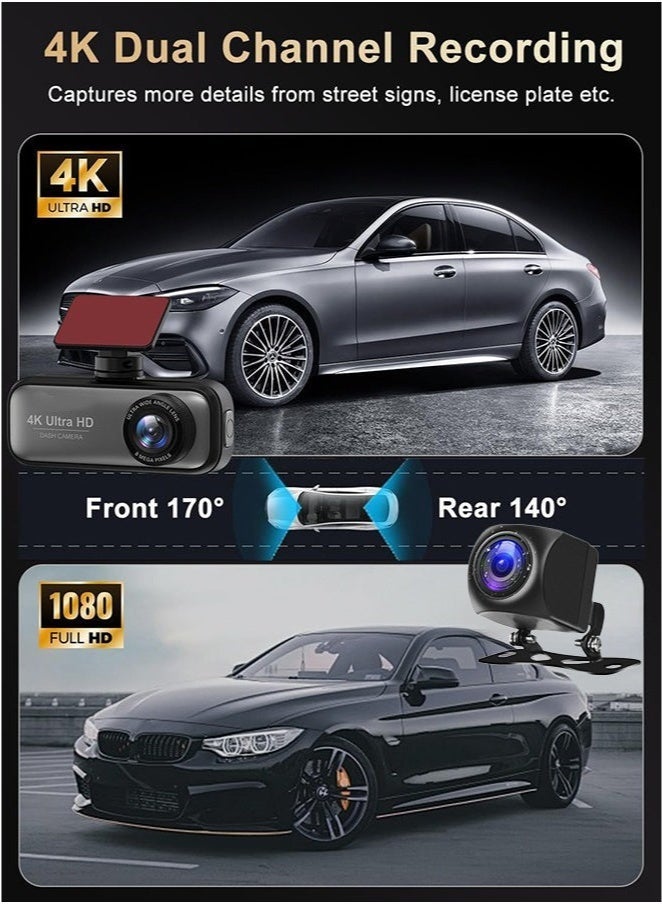 Makrystorm 4K Dash Cam For Car 3840*2160P Dual Lens Support 1080P Rear Camera,G-Sensor, Loop Recording,WIFI GPS 24H Parking Monitoring,Night Vision,With 128GB SD Card - Image 3