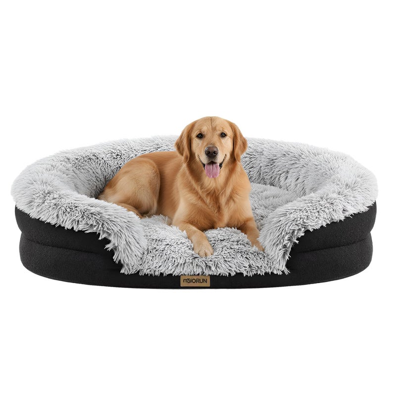Miorun Fluffy Orthopedic Dog Bed for Large & Extra Large Dogs, Calming Plush Sofa Bed with Curved Bolster Support and Egg-Crate Foam Base, 43" Cozy Oval Pet Donut Bed with Washable Cover, Gray - Image 1