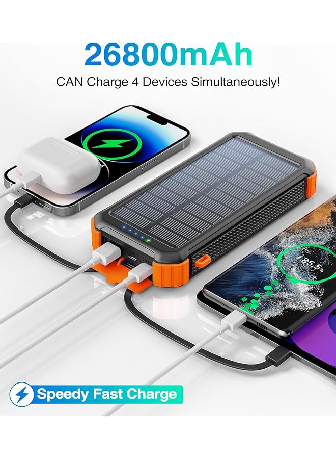 Solar Power Bank 26800Mah With 3 Cables Power Bank 15W Fast Charging 3 Inputs 4 Outputs Solar Charger Built In Dual Flashlights With 3 Modes Steady Sos Strobe For Camping Outdoors Orange