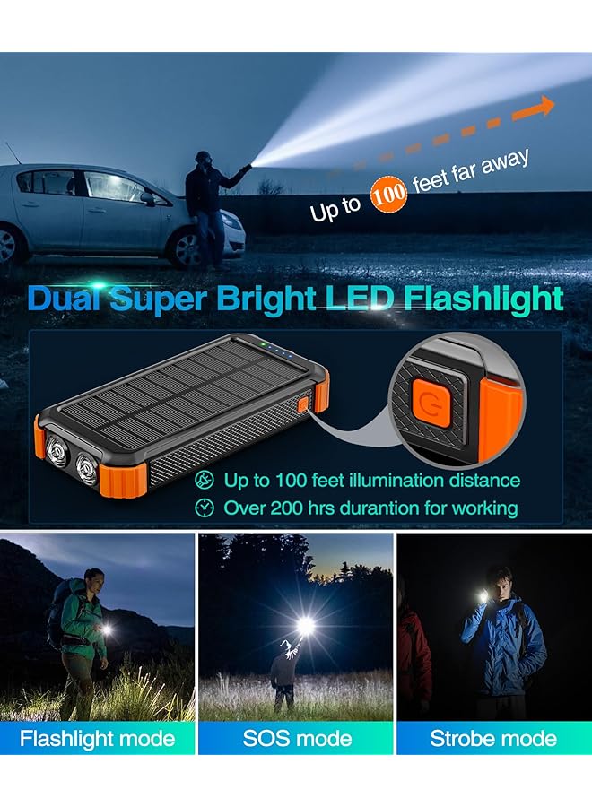 Solar Power Bank 26800Mah With 3 Cables Power Bank 15W Fast Charging 3 Inputs 4 Outputs Solar Charger Built In Dual Flashlights With 3 Modes Steady Sos Strobe For Camping Outdoors Orange