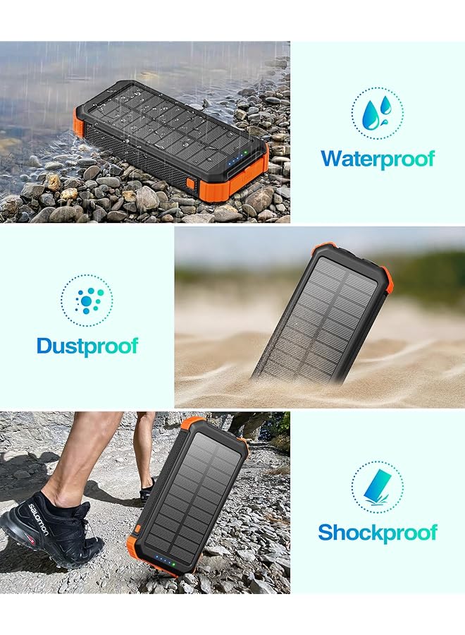 Solar Power Bank 26800Mah With 3 Cables Power Bank 15W Fast Charging 3 Inputs 4 Outputs Solar Charger Built In Dual Flashlights With 3 Modes Steady Sos Strobe For Camping Outdoors Orange