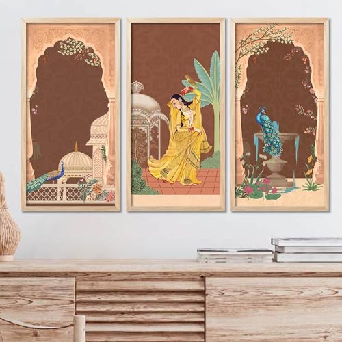 walllane Traditional Indian Art Pichwai Home Décor Paintings | Wall Hanging Frames | Painting for wall Decoration Set of 3(10x19 inch, B) - Image 1