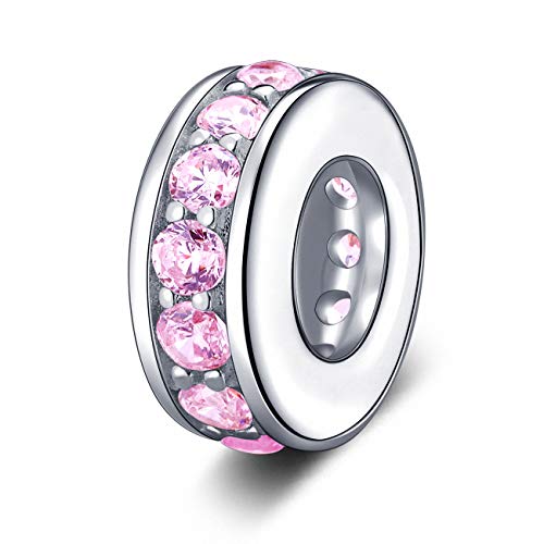 SOUKISS 925 Sterling Silver Spacer Charm Bead with Clear CZ for Charms Bracelets (Pink) - Image 1