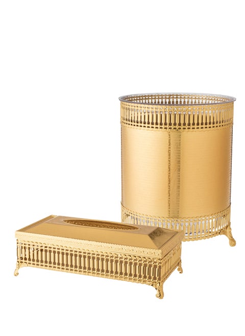 A golden wastebasket and tissue box set for an elegant and modern home