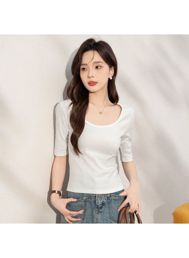 Don't speak Bieyu Cotton Short-sleeve T-shirt For Women, Round Neck, Spring And Summer Simple Inner Wear Top, Korean Style Regular Shoulder Undershirt, Five-quarter Sleeve, White, 2XL - Image 1