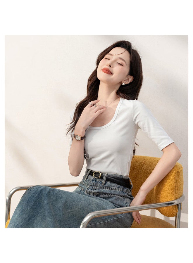 Don't speak Bieyu Cotton Short-sleeve T-shirt For Women, Round Neck, Spring And Summer Simple Inner Wear Top, Korean Style Regular Shoulder Undershirt, Five-quarter Sleeve, White, 2XL - Image 2