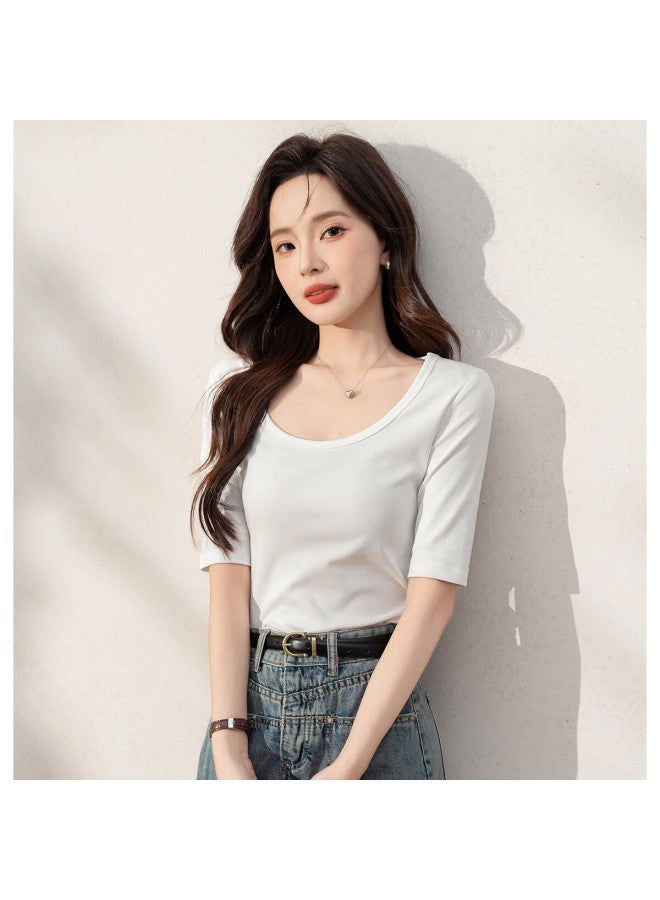 Don't speak Bieyu Cotton Short-sleeve T-shirt For Women, Round Neck, Spring And Summer Simple Inner Wear Top, Korean Style Regular Shoulder Undershirt, Five-quarter Sleeve, White, 2XL - Image 3