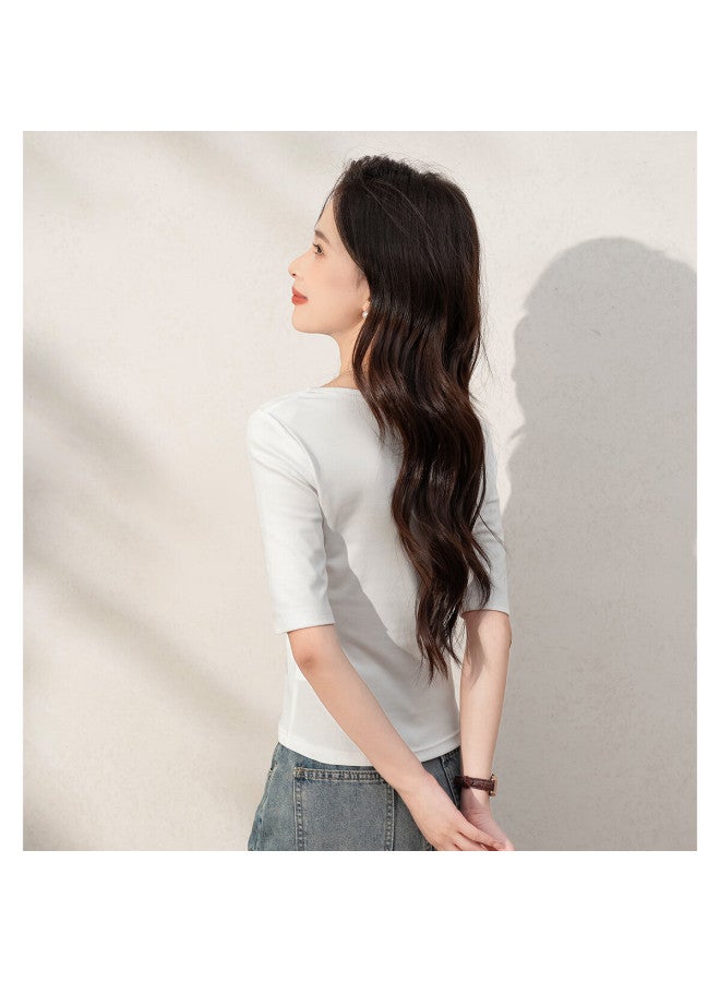 Don't speak Bieyu Cotton Short-sleeve T-shirt For Women, Round Neck, Spring And Summer Simple Inner Wear Top, Korean Style Regular Shoulder Undershirt, Five-quarter Sleeve, White, 2XL - Image 4