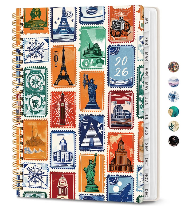ZOTIA 2026 Planner, Weekly and Monthly Planner for Women, January 2026 - December 2026, Hardcover 2026 Calendar Planner Book with Tabs, Inner Pocket, Spiral Bound, Perfect for Office Home School Supplies - A5 (6.3" x 8.5"), Wanderlust Stamps - Image 1