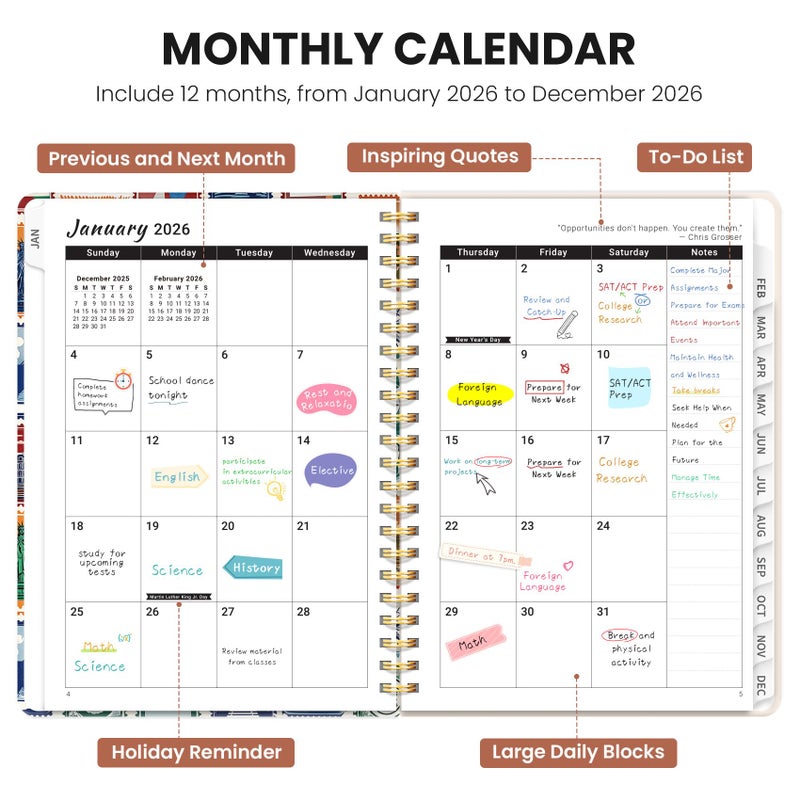 ZOTIA 2026 Planner, Weekly and Monthly Planner for Women, January 2026 - December 2026, Hardcover 2026 Calendar Planner Book with Tabs, Inner Pocket, Spiral Bound, Perfect for Office Home School Supplies - A5 (6.3" x 8.5"), Wanderlust Stamps - Image 2