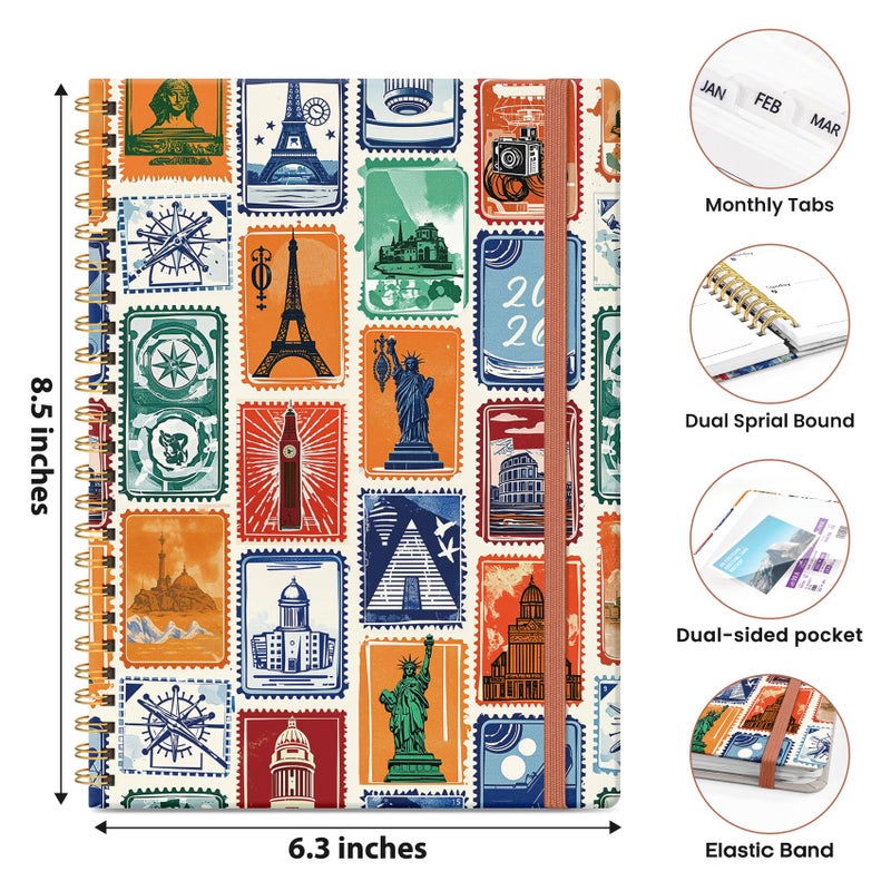ZOTIA 2026 Planner, Weekly and Monthly Planner for Women, January 2026 - December 2026, Hardcover 2026 Calendar Planner Book with Tabs, Inner Pocket, Spiral Bound, Perfect for Office Home School Supplies - A5 (6.3" x 8.5"), Wanderlust Stamps - Image 4