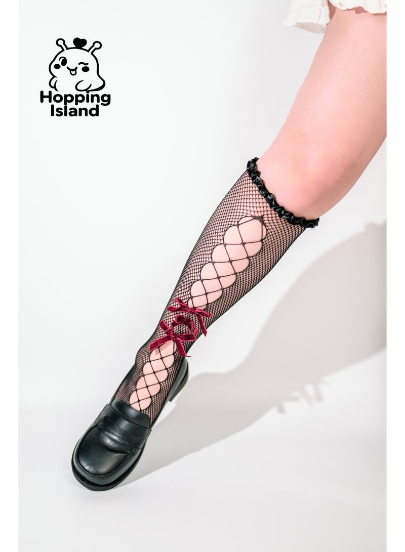 Hopping Island HI Floral Dark Red Bow Mesh Cross Hollow-Out French Style Socks for Women - Image 4