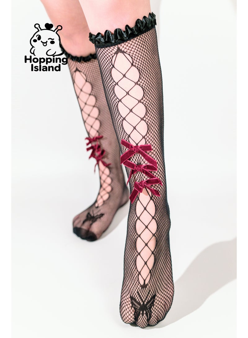 Hopping Island HI Floral Dark Red Bow Mesh Cross Hollow-Out French Style Socks for Women - Image 1
