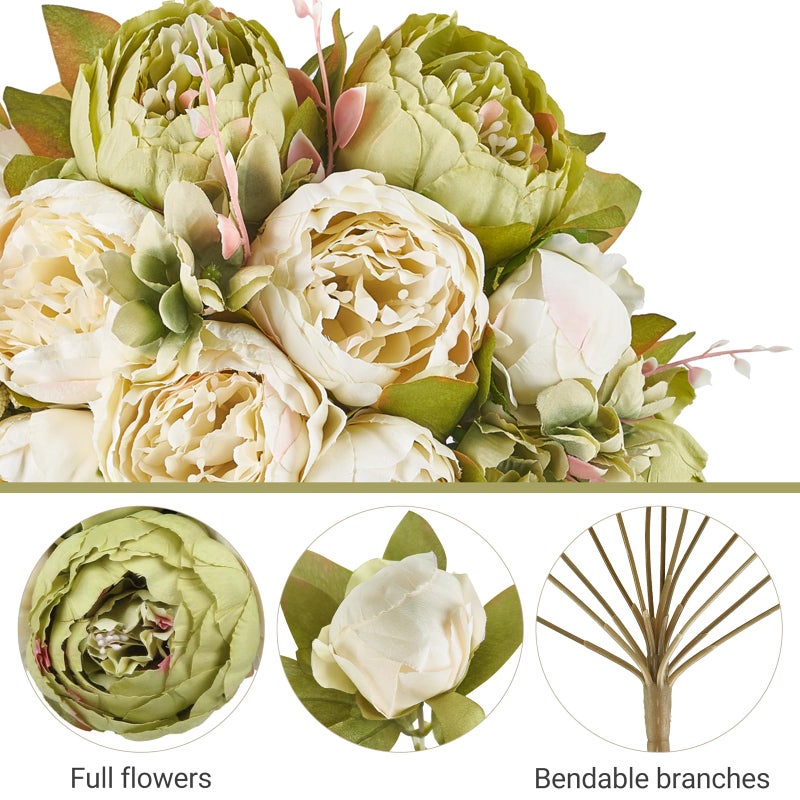 Mkono Peonies Artificial Flowers, 2 Packs 13 Stems Faux Peony Flowers Real Touch Fake Silk Bouquet for Arrangements Dining Table Centerpieces for Kitchen Bridal Wedding Party (2, New Green) - Image 5
