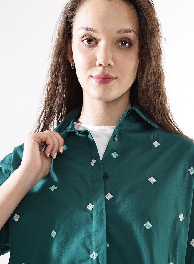 HIGH STAR Women'S Deep Teal Poplin Embroidered Button Down Oversized Shirt - Image 5