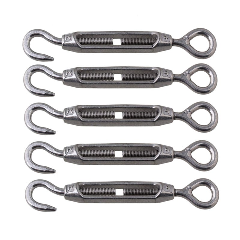 BQLZR M4 Stainless Steel 304 Hook Eye Turnbuckle Wire Rope Tension for DIY String Light Picture Hanging Garden Wire Fence Gate Wire Tent Rope Pack of 5