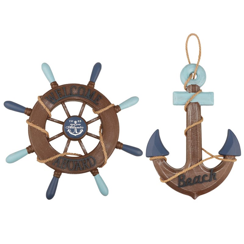 Meching 2 Pack 13 Nautical Beach Wooden Ship Wheel and 13 Wooden Anchor with Rope Nautical Boat Steering Wheel Rudder Anchor Wall Art Decor Door Hanging Ornament Beach Theme Home DecorationRetro Brown 