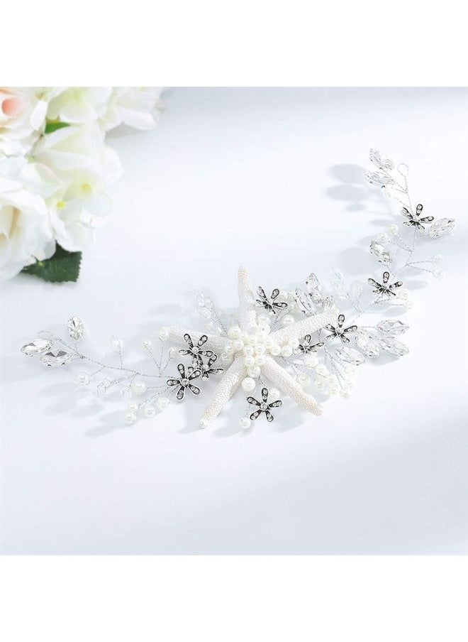 Unsutuo - Starfish Wedding Hair Vine Accessories Flower Silver Bridal Headpiece Pearl Wedding Crystal Headbands for Bride - Image 1