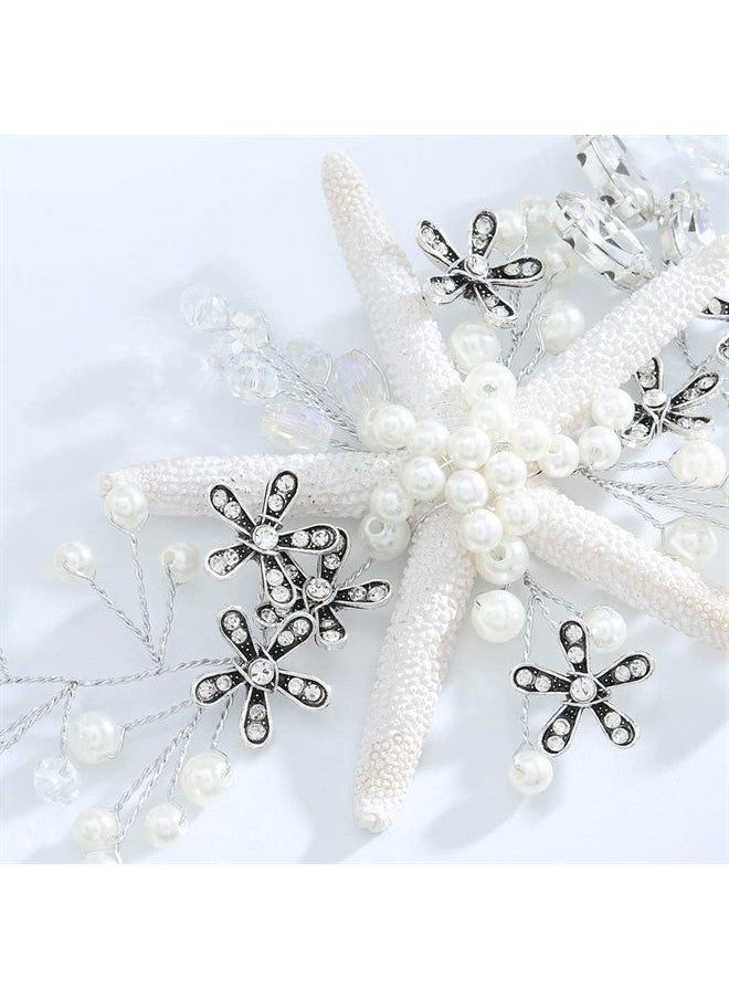 Unsutuo - Starfish Wedding Hair Vine Accessories Flower Silver Bridal Headpiece Pearl Wedding Crystal Headbands for Bride - Image 1