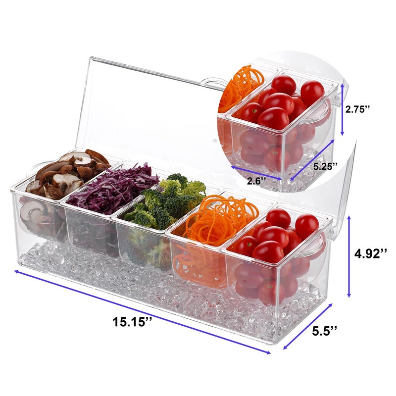 IVYHOME Ice Chilled 5 Compartment Condiment Server Caddy | Fruit Serving Tray | Condiment Pots with 5 Removable Dishes Over 2 Cup Capacity Each and Hinged Lid - Image 2
