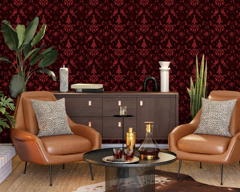 FLFK Red Gothic Wallpaper Peel and Stick Vintage Floral Wallpaper Vinly Self-Adhesive Removable Contact Paper for Kitchen Bathroom Bedroom Shelf Cabinet Countertops Decor 16in x 64in - Image 3