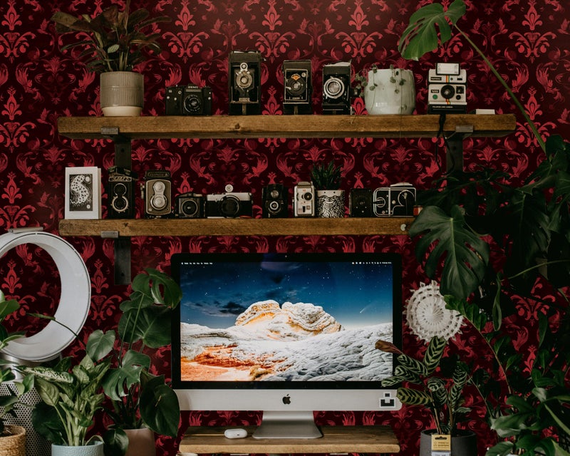 FLFK Red Gothic Wallpaper Peel and Stick Vintage Floral Wallpaper Vinly Self-Adhesive Removable Contact Paper for Kitchen Bathroom Bedroom Shelf Cabinet Countertops Decor 16in x 64in - Image 4