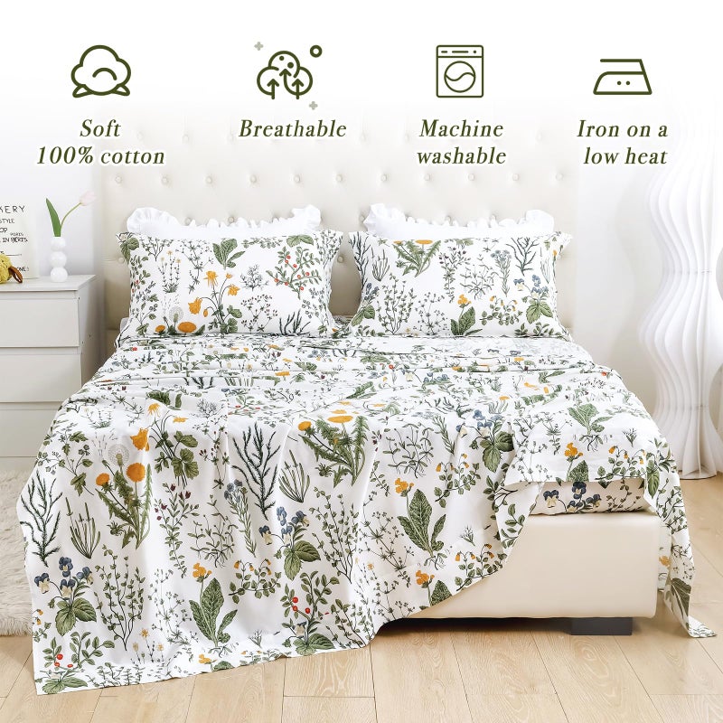 Lady Ann Floral King Size Sheets 100% Cotton - Yellow Flowers & Leave Pattern Plant Botanical Printed Bed Sheets Deep Pockets Cotton Floral Bedding Extra Soft and Breathable 4pcs - Image 2
