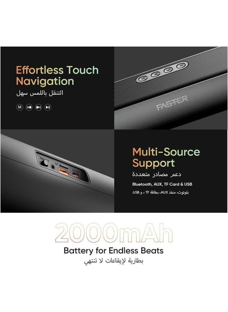 Faster Ryzo Z16 Soundbar - 16W Wireless Sound Bar 415x133x100mm Bluetooth 5.3 EDR 5H Playback RGB Light TWS - Portable Speaker USB AUX, TF Card - Hands-Free Call 360° Surround Sound (Charcoal Grey) - Image 3