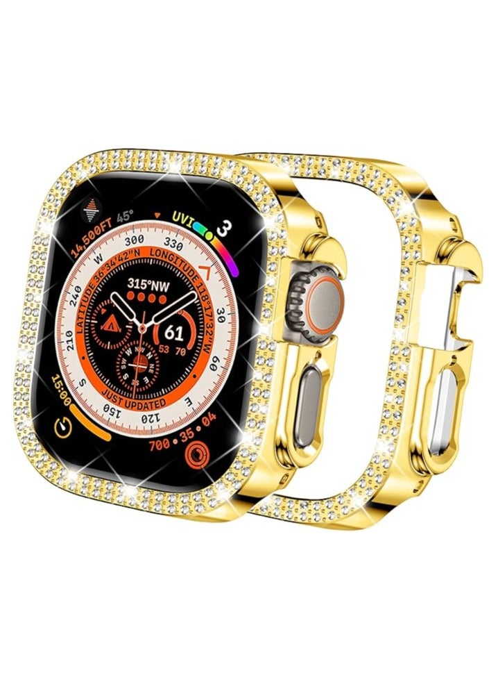 حافظة حماية متوافقة مع ساعة أبل سيريس 7 مقاس 49 مم، غطاء حماية مزدوج الصف مرصع بالألماس الكريستالي اللامع مع إطار ممتص للصدمات مطلي بالبولي كربونات (ذهبي، 49 مم) - Image 1