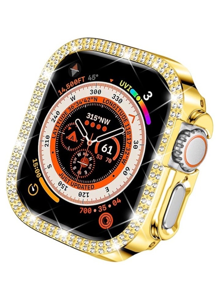 حافظة حماية متوافقة مع ساعة أبل سيريس 7 مقاس 49 مم، غطاء حماية مزدوج الصف مرصع بالألماس الكريستالي اللامع مع إطار ممتص للصدمات مطلي بالبولي كربونات (ذهبي، 49 مم) - Image 2