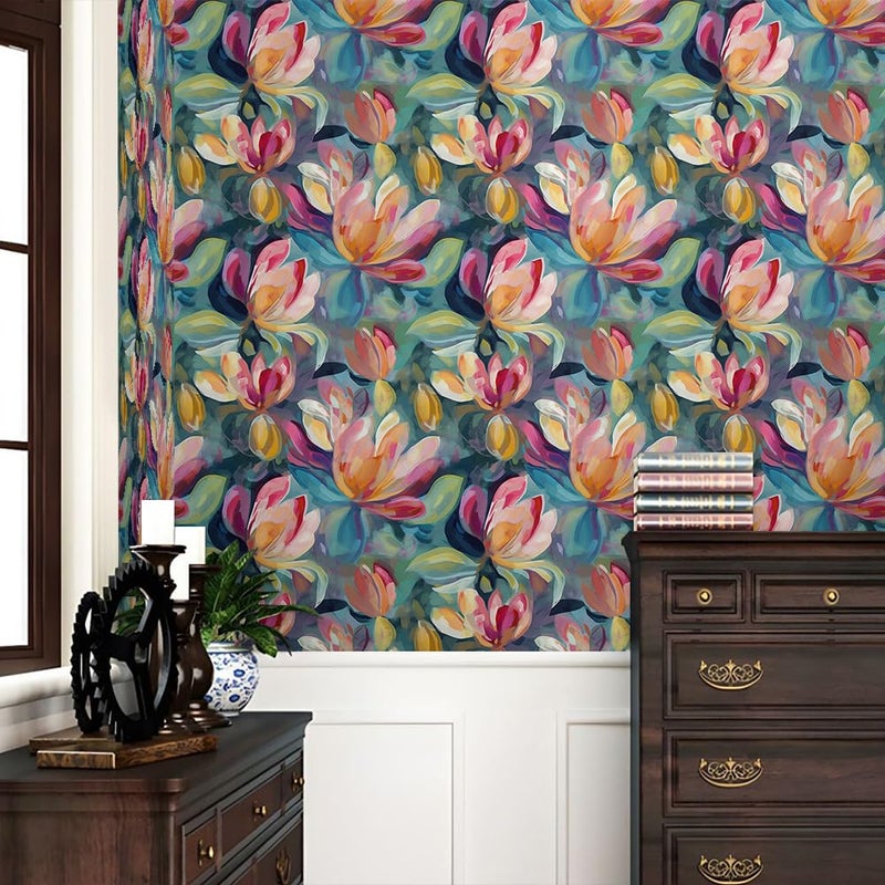 REDAMANCY Colorful Blur/Green Magnolia Floral Pink/Red Flower Abstract Art Peel and Stick Wallpaper Stick on Contact Paper Vintage Wall Paper Easy Peel Off for nightstand Drawer Cabinet Renter - Image 2