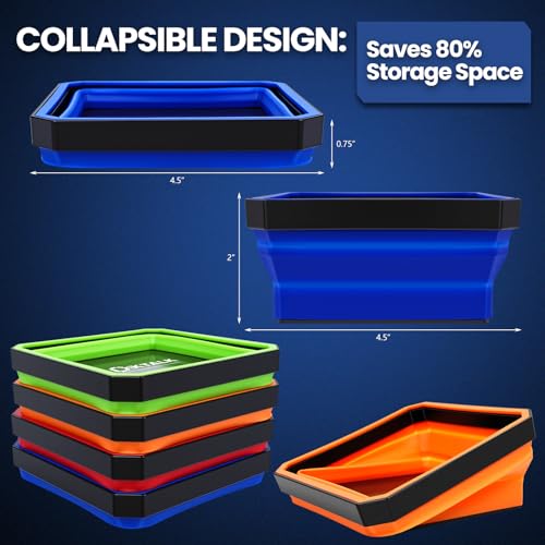 DIKTALK Foldable Magnetic Parts Tray Set 4 Pack ColorCoded Collapsible Trays 2lb Capacity Strong Magnet Base for Auto Repair Mechanics Workshop Organization 45 Square - Image 3