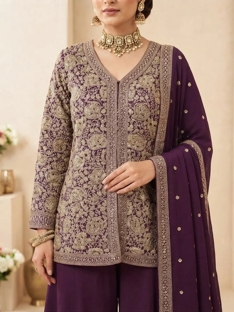 Viny VINY Plum 3-Piece Embroidered Kurta Palazzo Set – Women's Indian Ethnic Wear
