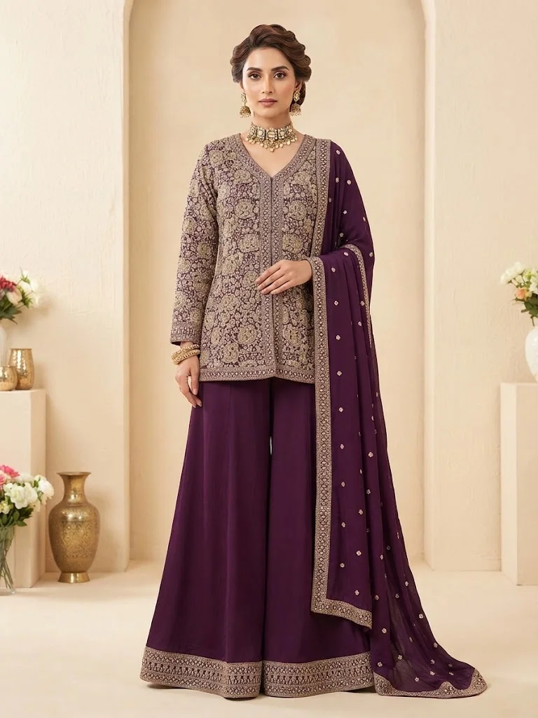 Viny VINY Plum 3-Piece Embroidered Kurta Palazzo Set – Women's Indian Ethnic Wear