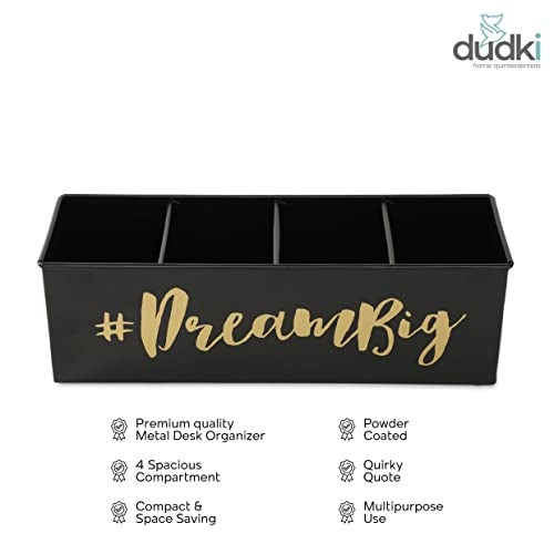 dudki Stylish Quoted desk organizer for office table with 4 compartments | Metal Desk Organizer Stationary Storage Stand Pen, Pencil Holder for Office, Home, and Study Table (DREAM BIG) Black - Image 4